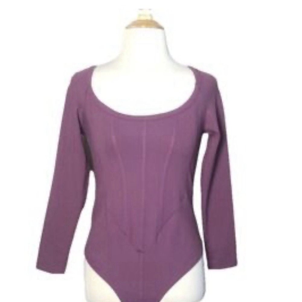 Free People Intimately Long Sleeve Corset Bodysuit S‎ Plum Mauve Scoop Neck Boho